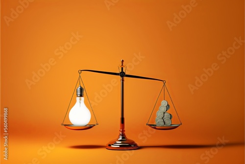 Scales with light bulb on one side and money on the other, concept of ideas and innovation, orange background. Digital illustration. AI