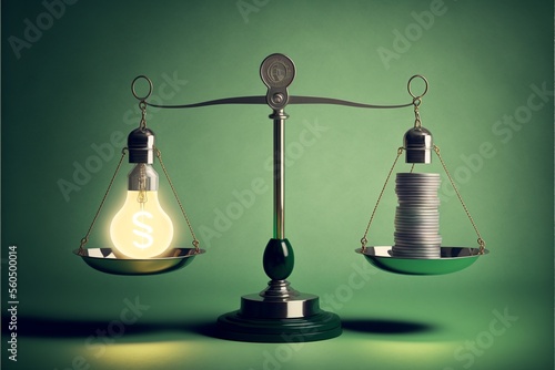 Scales with light bulb on one side and money on the other, concept of ideas and innovation, green background. Digital illustration. AI