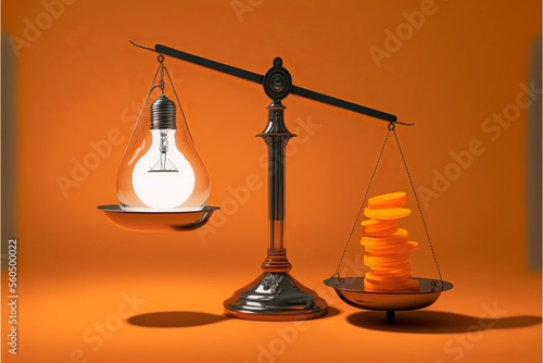 Scales with light bulb on one side and money on the other, concept of ideas and innovation, orange background. Digital illustration. AI