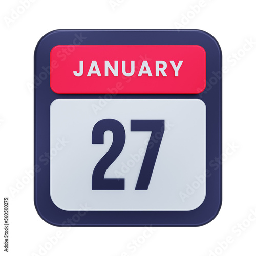 January Realistic Calendar Icon 3D Illustration Date January 27