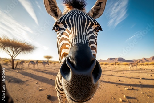  a zebra is looking at the camera with a sky background and some trees in the background with a few clouds in the sky above it and a few zebras in the foreground,.  generative