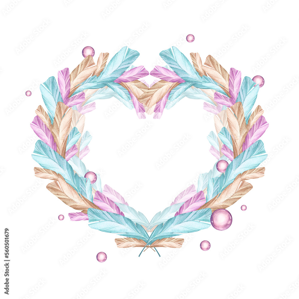 Feathers in pastel colors with pearls. Festive wreath in the shape of a heart of multi-colored feathers.