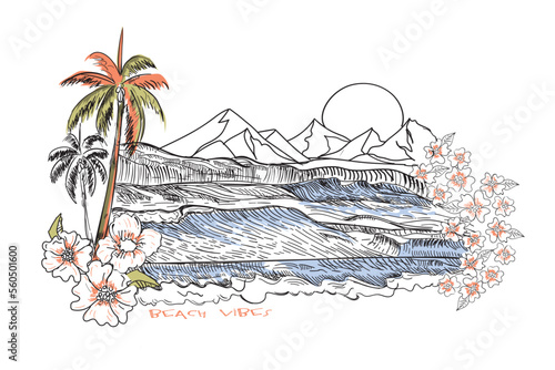 tropical Beach Vibes, Surfing beach vector landscape, panorama view with waves, sun and seagulls. Illustration of surf board in the sand. Black and white vintage sketch.