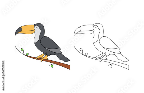children's coloring illustration with toucan vector template