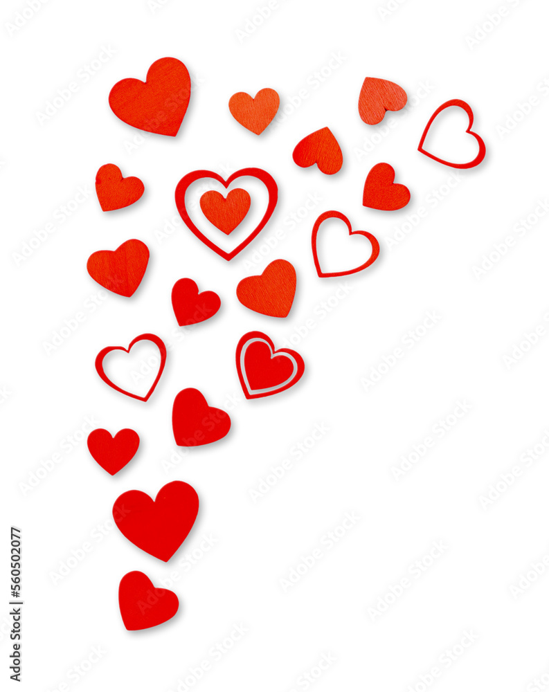 Valentine concept. Wooden red hearts on white background