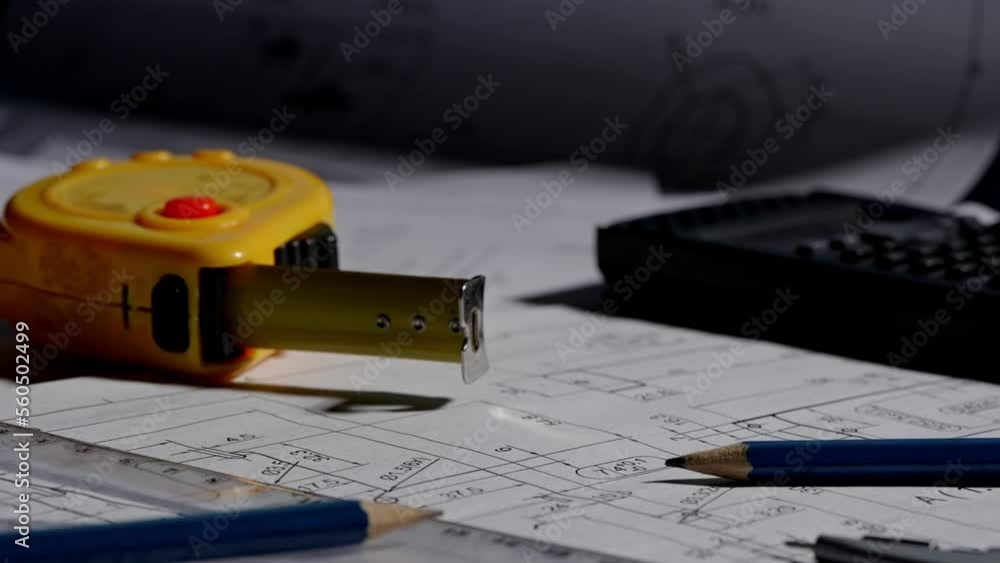 Footage macro of equipment and tools for drafting and estimating on