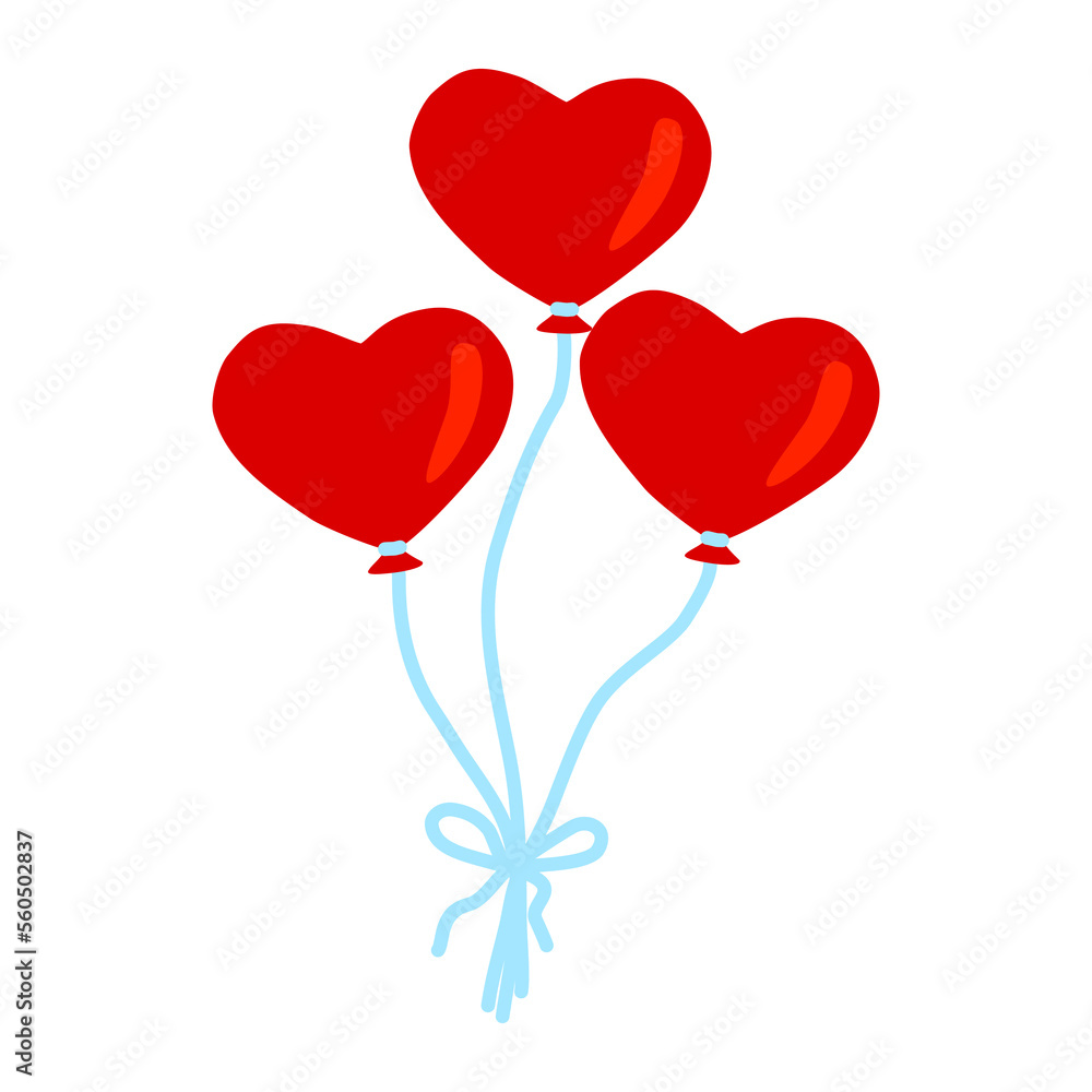 Red heart shaped balloons with blue ribbon, design element for Valentines day, vector
