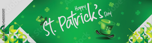 happy St patrick day banner cover for website and social with script handwritten typo and clover hat green background