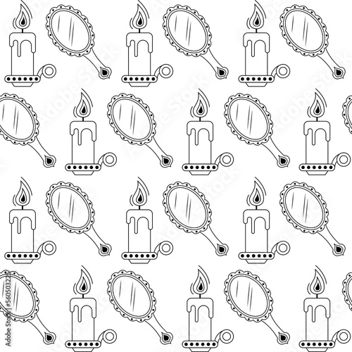 Vector seamless pattern with linear candle and handle mirror. Outline esoteric items in repeated print