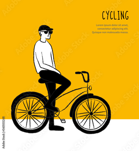 Bicycle with hipster character. Riding Bike and street activities. Fixed gear. Cycling. Sport lifestyle concept. For postcard, poster. Simple Line drawing. Flat design. Trendy Vector illustration.