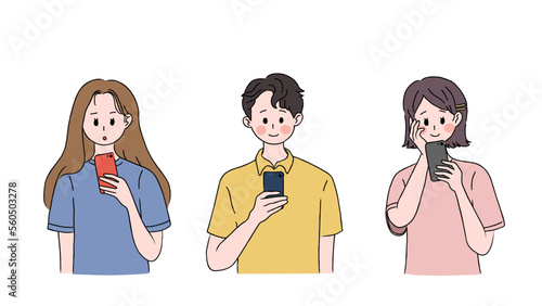 Young man and woman using smartphone. People are looking at their cell phones. Diverse happy people using mobile phone set. Chatting through social media. Vector illustration. Hand drawn style.