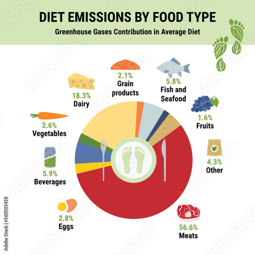 Greenhouse gases contribution in average diet.  Carbon footprint of diet food type infographic. Plant-based diet, environmental, ecology concept. True data. Flat vector illustration.