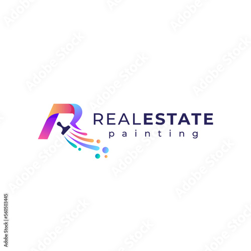 colorful home and real estate painting with letter R and brush logo design