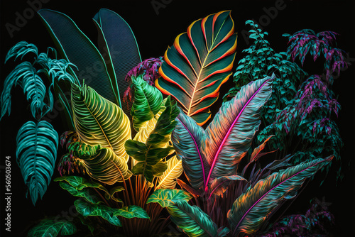 Colorful tropical plants and leaves. Generative AI.