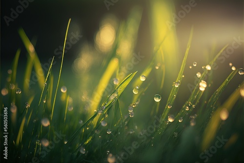 Fotobehang a close up of grass with dew drops on it and a blurry background of the grass and the sun shining through the drops of the grass on the grass is a sunny day light