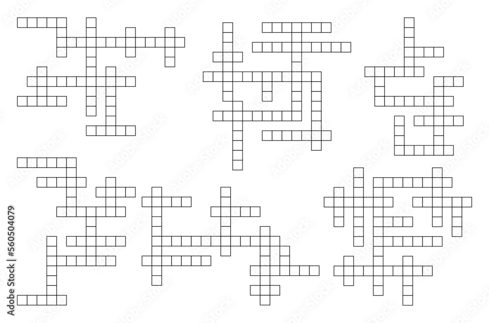 Crossword game grid template, word guess quiz layout empty boxes