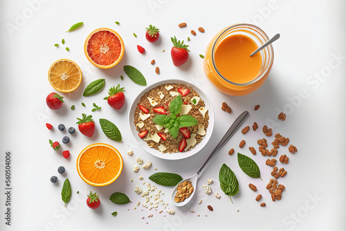 Breakfast with muesli, strawberry salad, fresh fruit, orange juice, nuts on white background. Healthy food concept. Flat lay, top view. Generative AI
