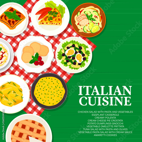 Italian cuisine menu cover, vector chicken salad with pasta and vegetables, cream cheese pie crosstata, creamy polenta. Eggplant casserole, potato dumplings gnocchi, tuna salad with pasta and olives