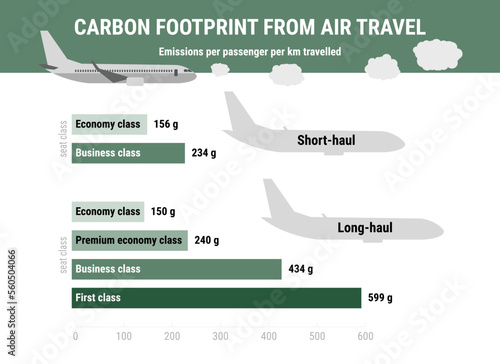 Carbon footprint from air travel per passenger. Carbon footprint infographic. Greenhouse gas emission by transport type. Environmental, ecology concept. True data. Flat vector illustration.