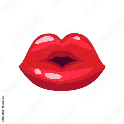 Lips of women with red lipstick in kiss motion illustration. Cartoon drawing open comic female mouth, lip gloss, girl sending kiss. Love, desire, glamour concept