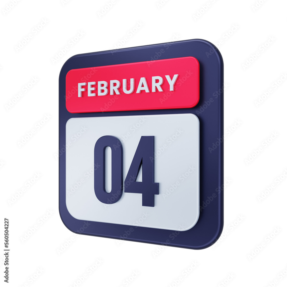February Realistic Calendar Icon 3D Illustration Date February 04