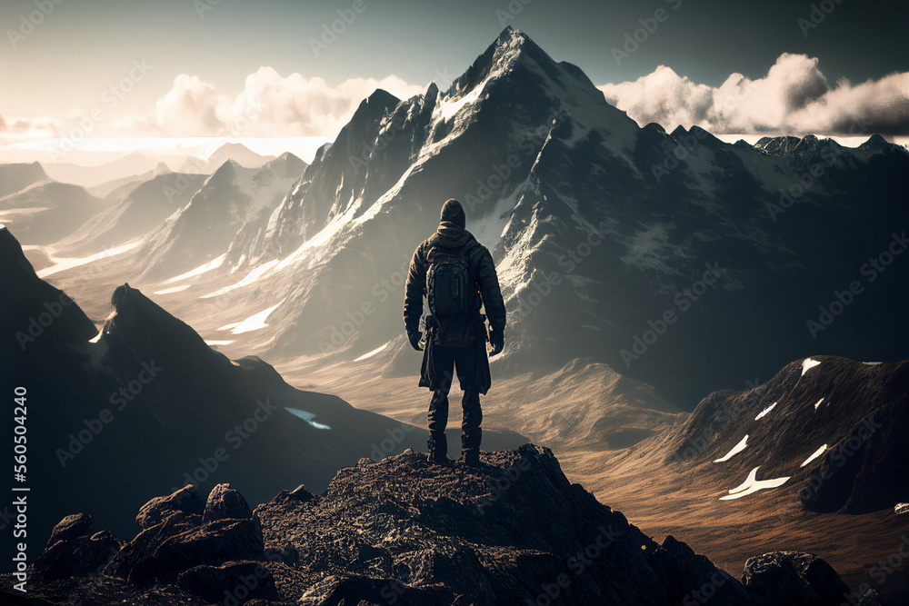 A man stand on the mountains realistic 4K created by AI technology