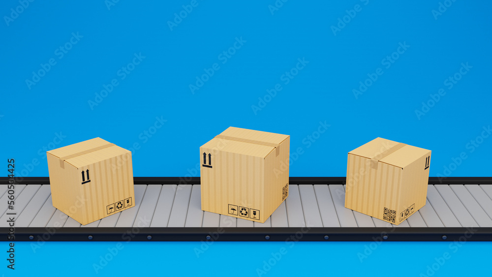 Conveyor belt with 3D cardboard boxes on blue background, Automatic mechanized logistics, Automatic mechanical packing conveyor belt, Cargo service, warehouse, distribution, 3D Render Conveyor belt with 3D cardboard boxes on blue background, Automatic mechanized logistics, Automatic mechanical packing conveyor belt, Cargo service, warehouse, distribution, 3D Render