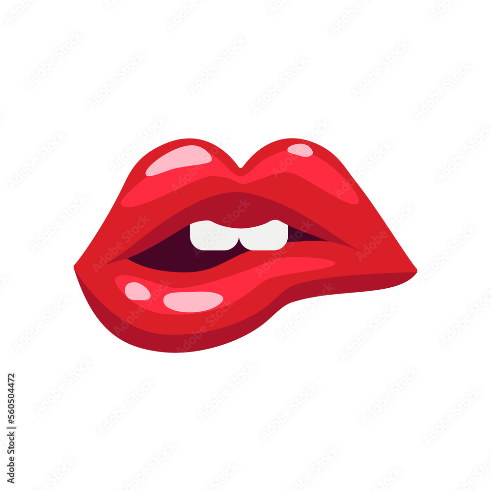Lips of woman with red lipstick biting lip vector illustration. Cartoon drawing of open comic female mouth, lip gloss, girl biting lip. Love, desire, glamour concept Lips of woman with red lipstick biting lip vector illustration. Cartoon drawing of open comic female mouth, lip gloss, girl biting lip. Love, desire, glamour concept
