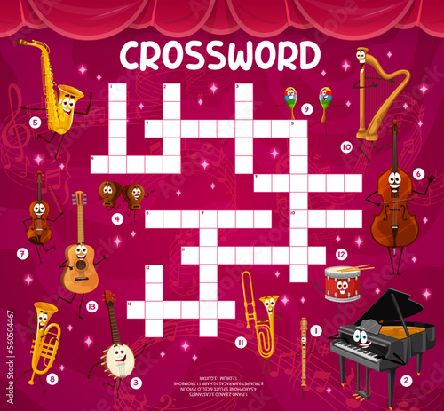 Crossword quiz grid, cartoon musical instrument characters. Vector game worksheet with piano, castanets, banjo or saxophone, flute and cello. Violin, guitar, trumpet, maracas or harp and trombone