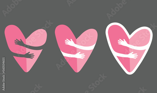 Two hearts hug each other. Couple in love concept, international hug day, illustration, vector, icon.
