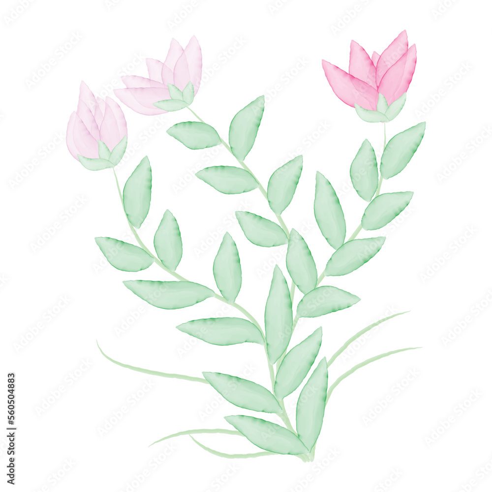 watercolor pink flowers. pink flowers and green leaves isolated. watercolor pink flowers. pink flowers and green leaves isolated.