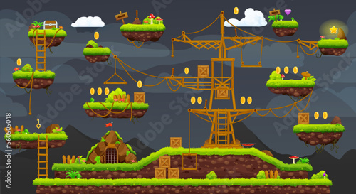 2d arcade game night level map interface. Platform, stairs, coins, bonus and treasure icons. Vector landscape with float islands with grass, ropes and ladders. Video game background, adventure world