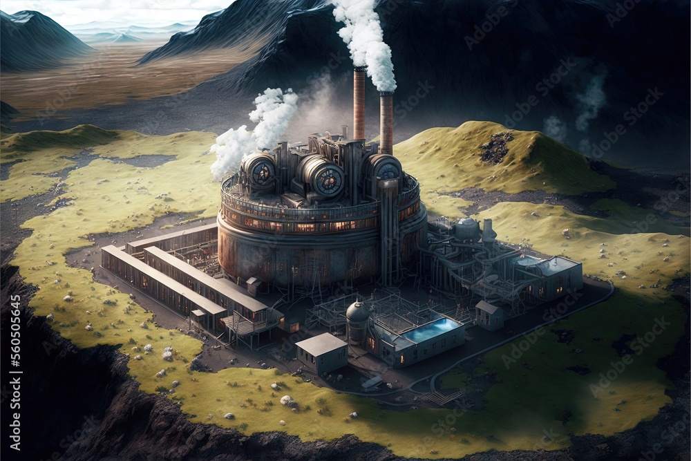  a factory with smoke coming out of it's stacks and a lot of smoke coming out of it's stacks and a lot of dirt and grass and dirt around it, with a mountain in the background.