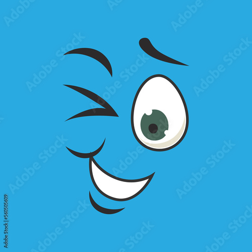 Emoticon with winking facial expression vector illustration. Eyes and mouth of cute expressive cartoon character, comic happy face isolated on blue background. Emotions concept