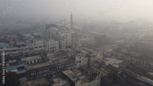 Indian city morning pollution fog drone aerial shot . Lucknow india photo