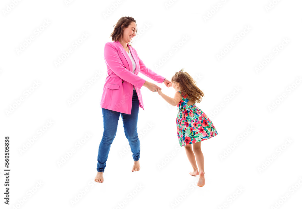 Happy woman in pink clothes have fun with child girl 6-7 years Happy woman in pink clothes have fun with child girl 6-7 years