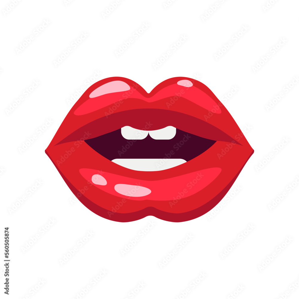 Teeth and lips of woman with red lipstick vector illustration. Cartoon drawing of open comic female mouth, lip gloss. Love, desire, glamour concept Teeth and lips of woman with red lipstick vector illustration. Cartoon drawing of open comic female mouth, lip gloss. Love, desire, glamour concept