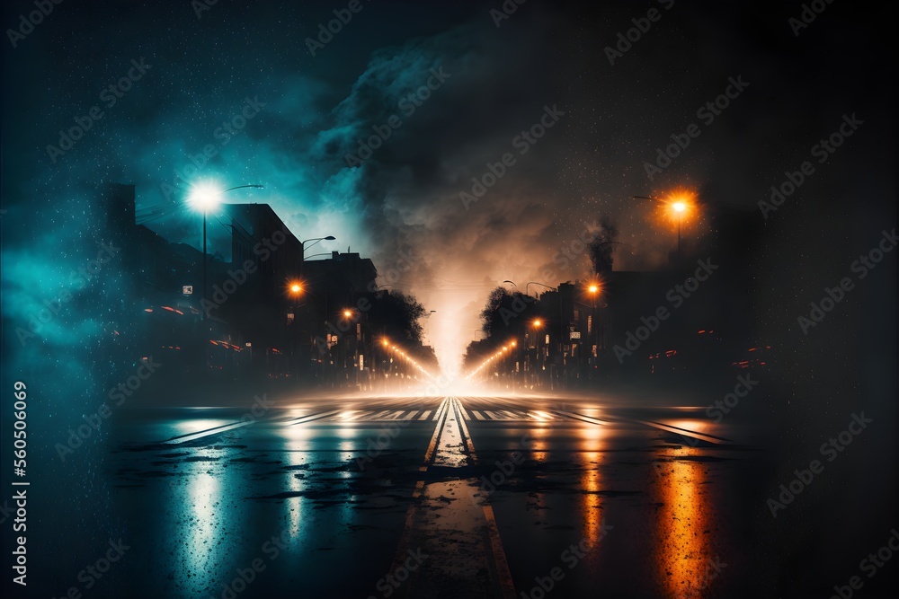 Wet asphalt, reflection of neon lights, smoke. Abstract light in a dark empty street with smoke, smog. Dark background scene of empty street, night city.