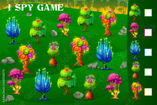 I spy game, magic alien trees and plants in fantasy forest, vector quiz worksheet. Kids cartoon puzzle or riddle to find two same fairy tale luminous tree and mushroom plants in alien forest