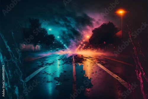 Wet asphalt, reflection of neon lights, smoke. Abstract light in a dark empty street with smoke, smog. Dark background scene of empty street, night city.