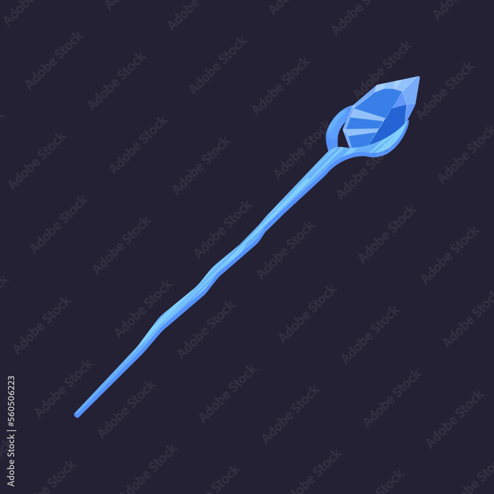 Blue magic wand on dark background illustration. Stick with glowing blue gem or crystal on top for witch or wizard. Magicians staff, fantasy game, weapon concept Blue magic wand on dark background illustration. Stick with glowing blue gem or crystal on top for witch or wizard. Magicians staff, fantasy game, weapon concept