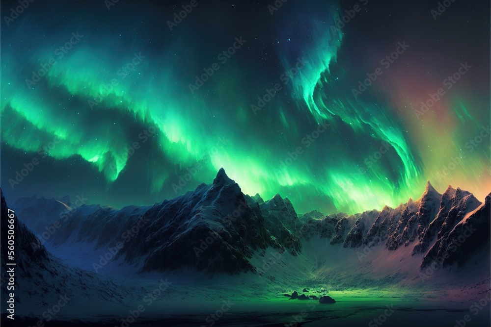  a green and purple aurora bore over a mountain range in the night sky with a boat in the foreground and a boat in the foreground with a mountain range in the background with.