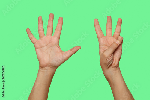 Hands showing number 8 isolated on green screen background.. © glebchik