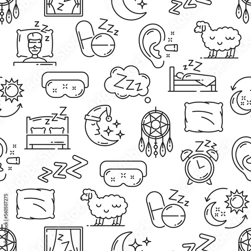 Sleep items seamless pattern, night dreams and bedtime vector background. Bed pillow, moon and bedroom zzz symbol with carton cartoon sheep, sleeping mask, alarm clock and dream catcher line pattern