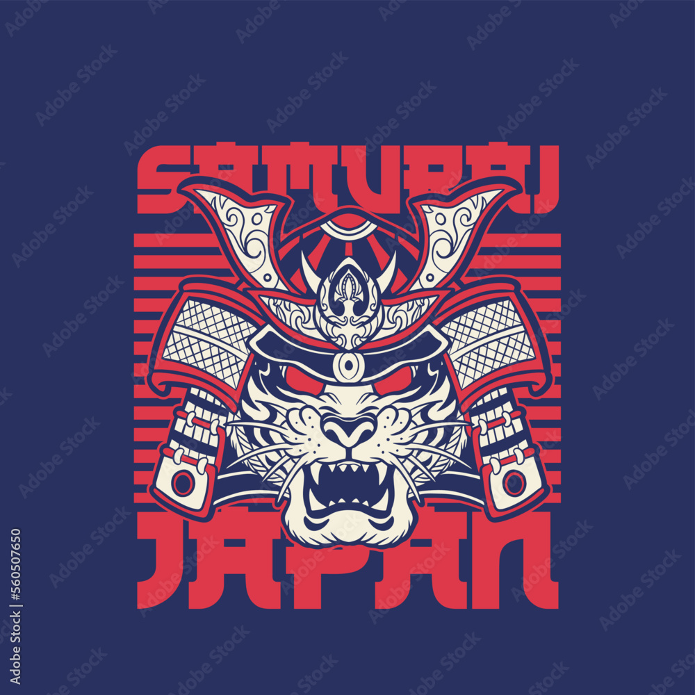 Samurai warrior mask. Traditional armor of japanese warrior. Vector illustration, shirt graphic. All elements; mask, helmet, colors are on the separate layers and editable.	
