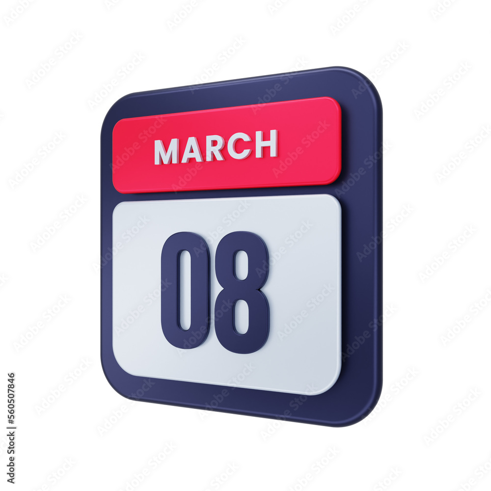 March Realistic Calendar Icon 3D Illustration Date March 08