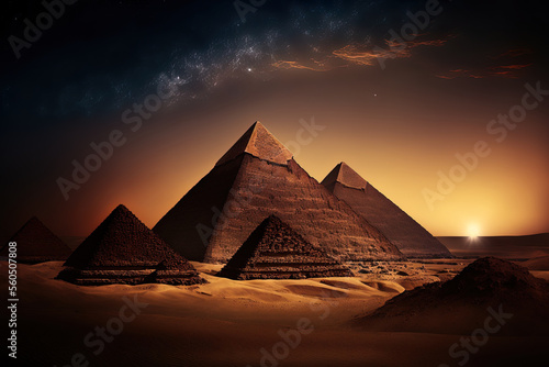 Egyptian pyramids at dusk in the Giza desert  Cairo. Generative AI