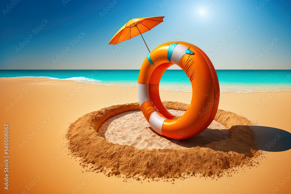 Beach sand has an inflatable ring and umbrella. concept of a summer vacation. Generative AI