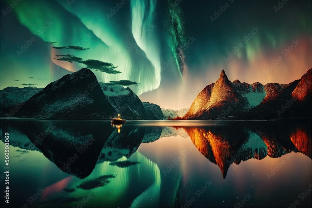  a beautiful aurora bore over a mountain range with a lake in front of it and a boat in the water below it, with the aurora bore in the background, and the sky,.