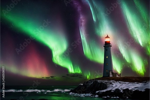  a lighthouse with a light house in the middle of it under the aurora lights in the sky above the ocean and a body of water below it is a rocky shore with a light in the foreground.